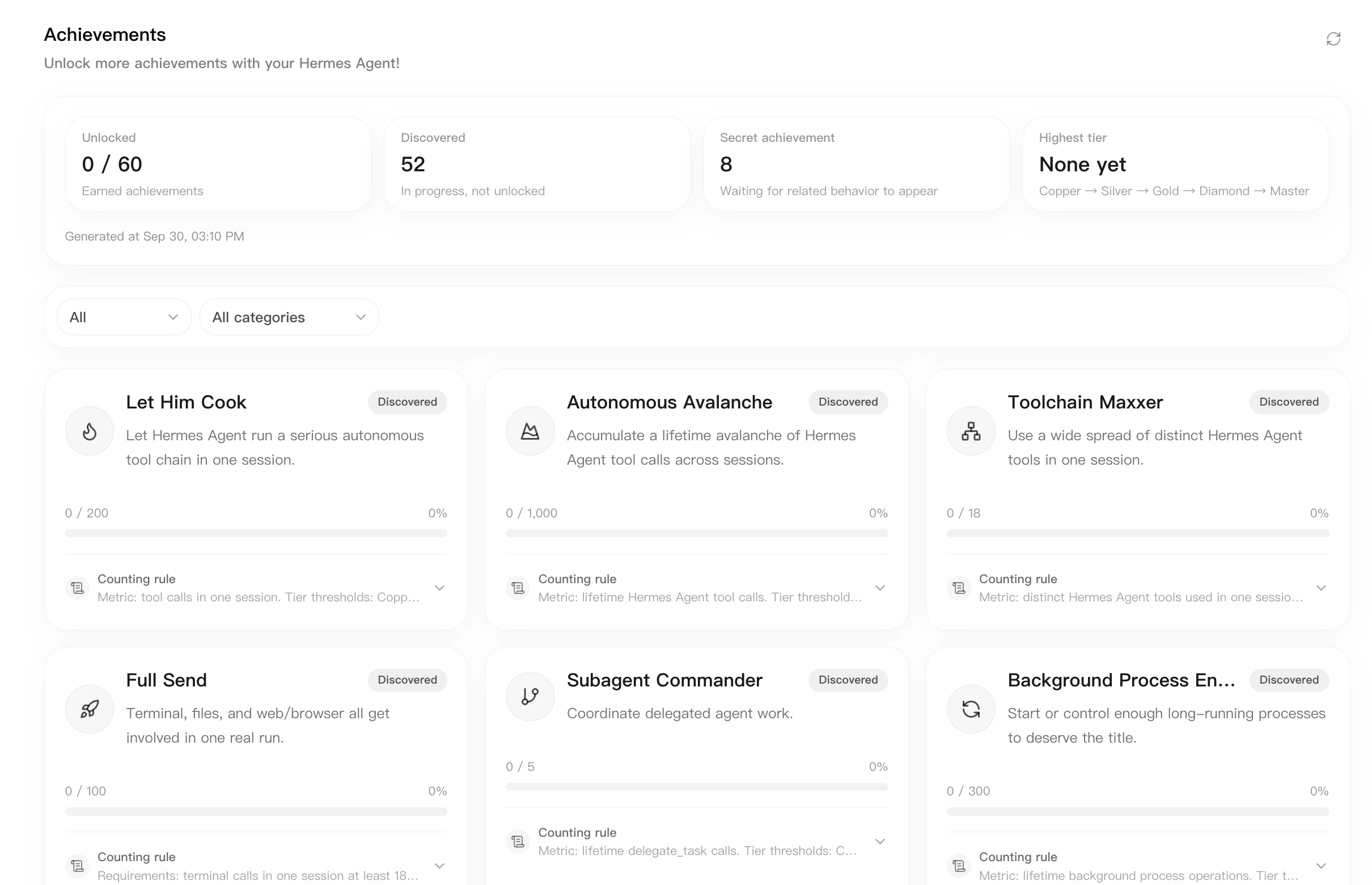 Achievements page showing statistic cards, status filters, category filters, and achievement cards