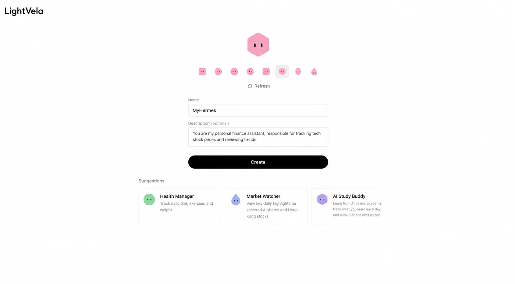 LightVela Bot creation form with an avatar selector, name field, description field, and Create button