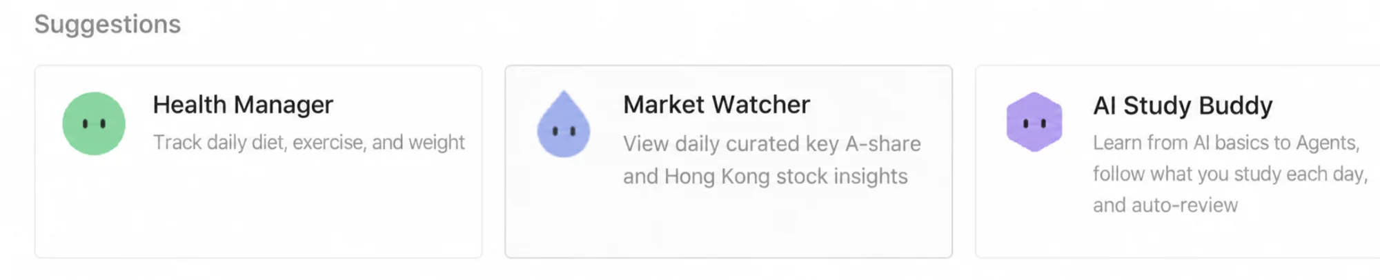 LightVela Bot creation templates including Health Manager, Market Watcher, and AI Study Buddy