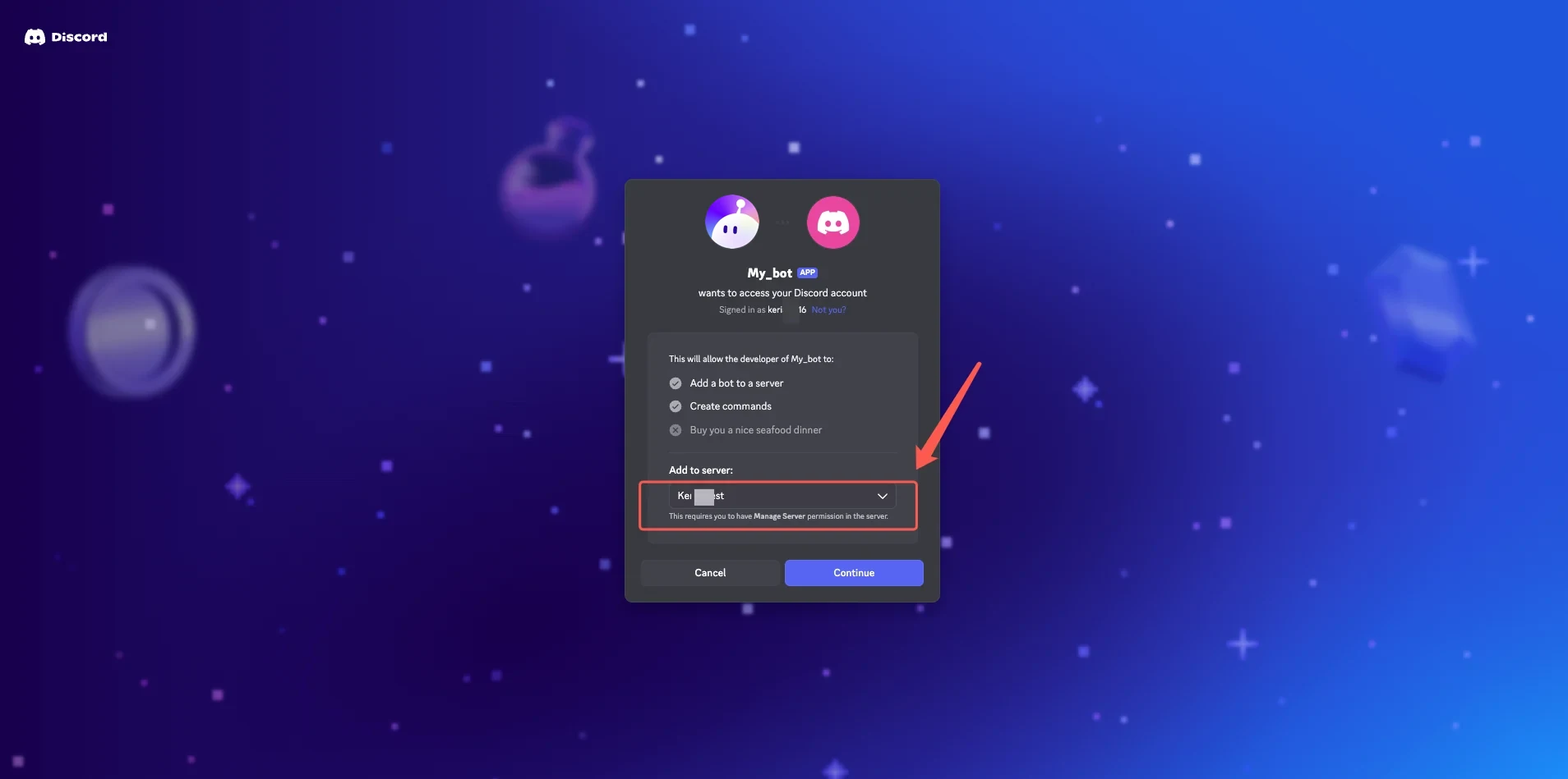 Discord bot invitation and server selection