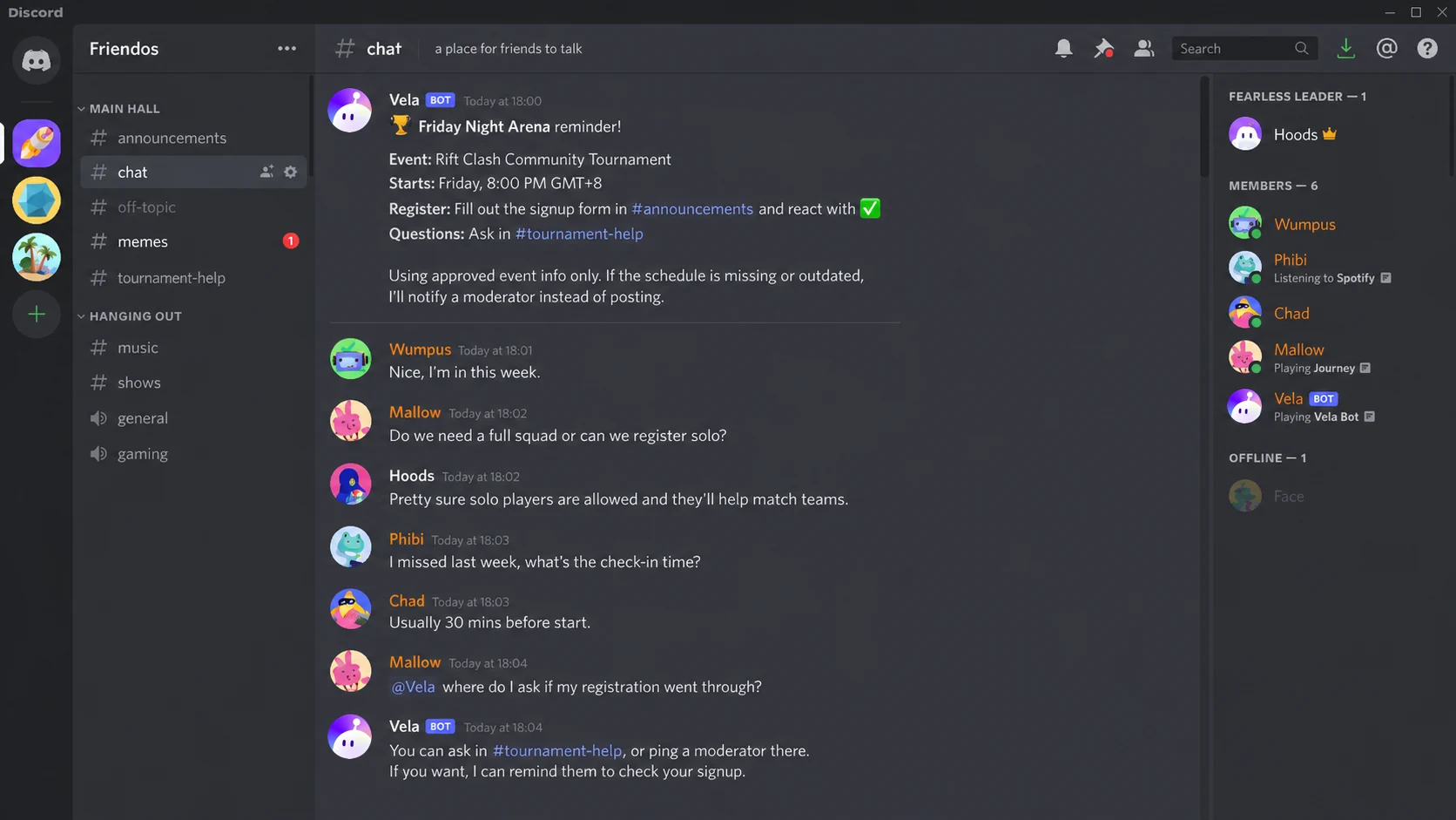 A Discord bot sending a tournament reminder