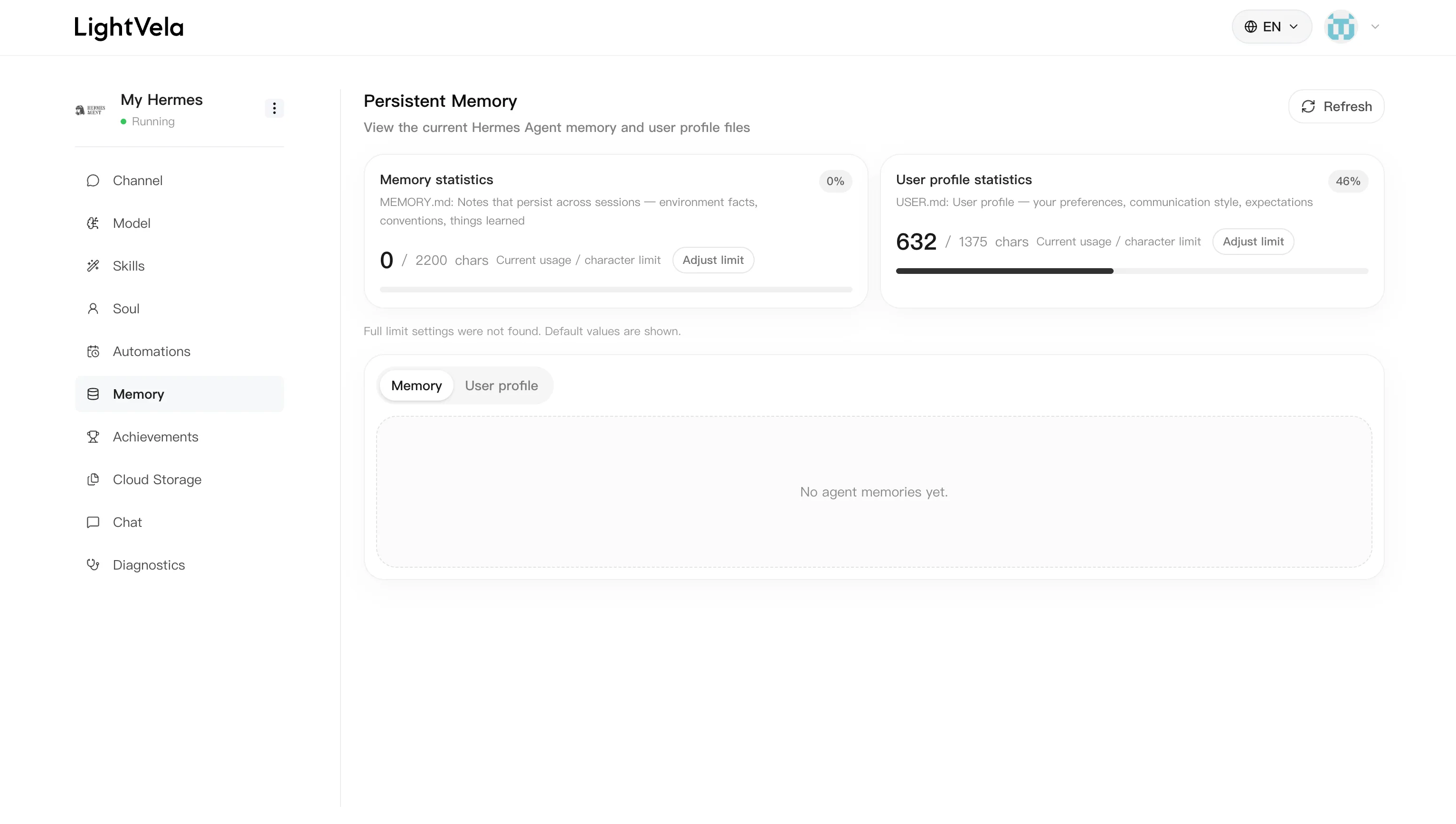 The Memory and User Profile page in the LightVela console