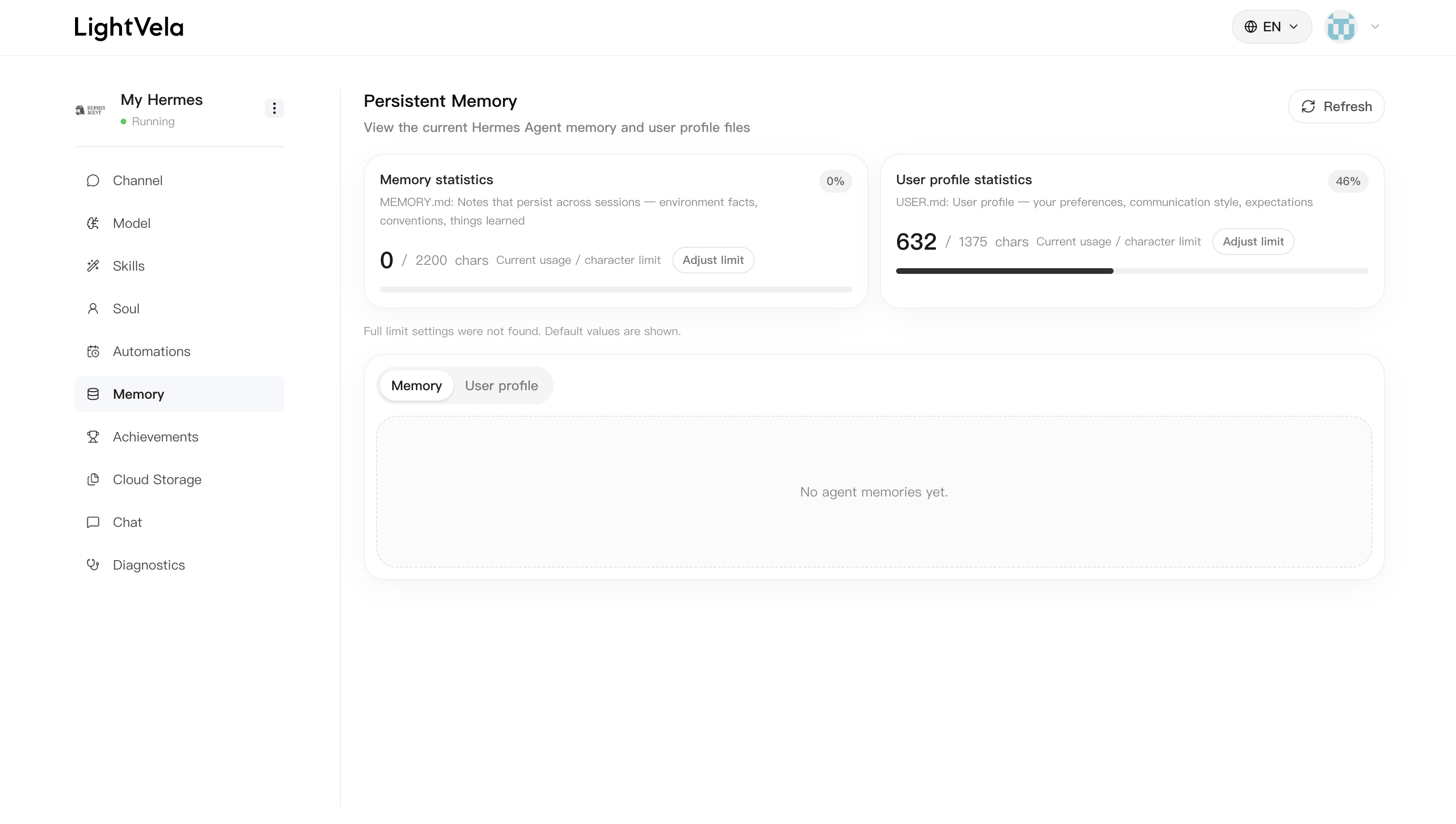The Memory and User Profile page in the LightVela console