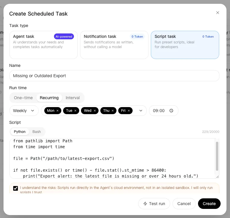 Edit a recurring script task for a missing or outdated export check