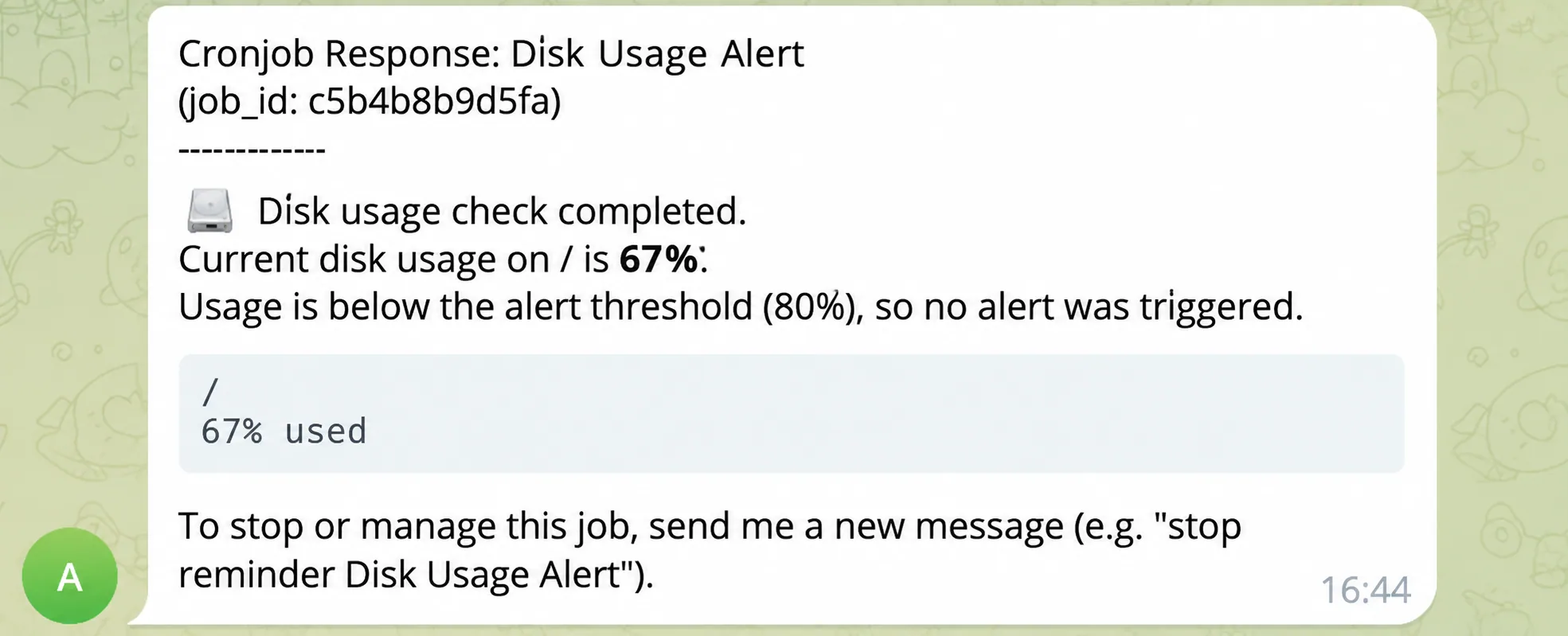 A script task sends a disk usage check result directly in Telegram