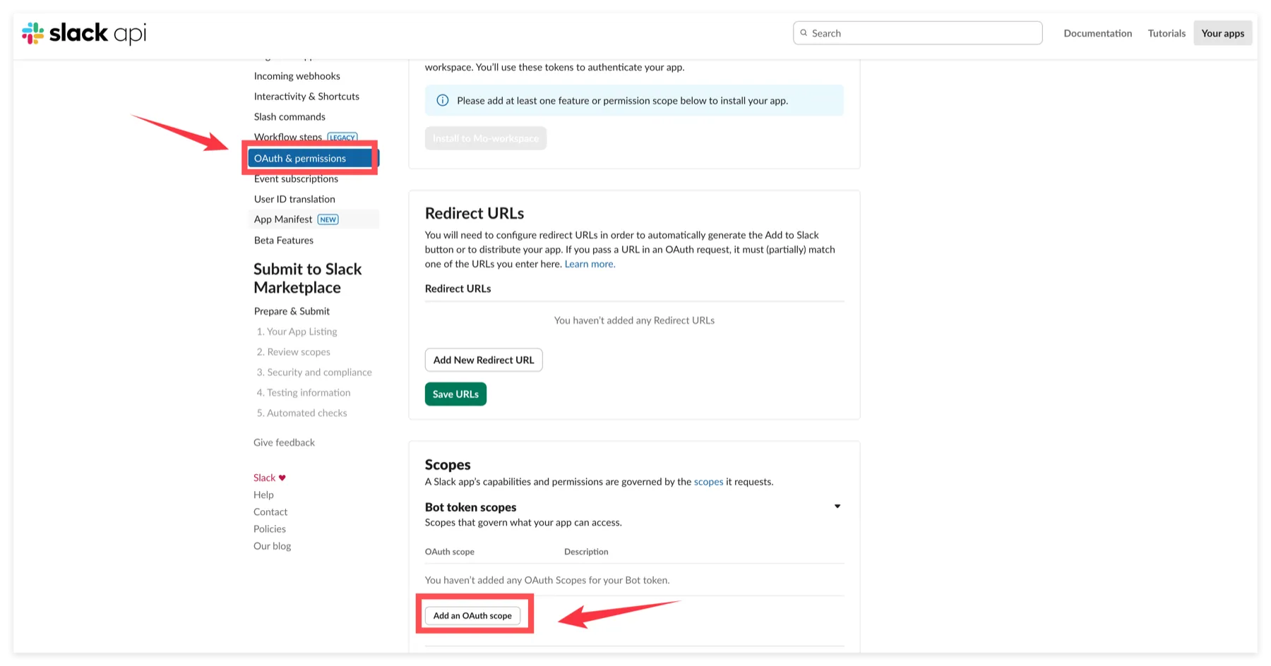 Add a bot scope in OAuth and Permissions