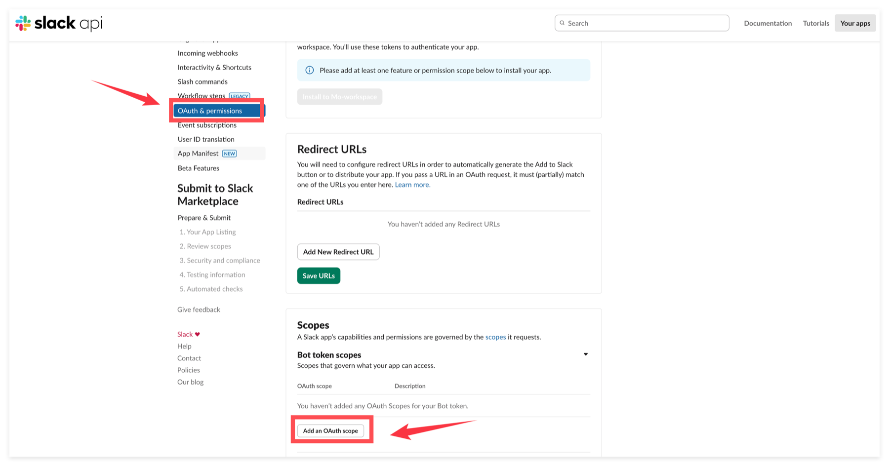 Add a bot scope in OAuth and Permissions