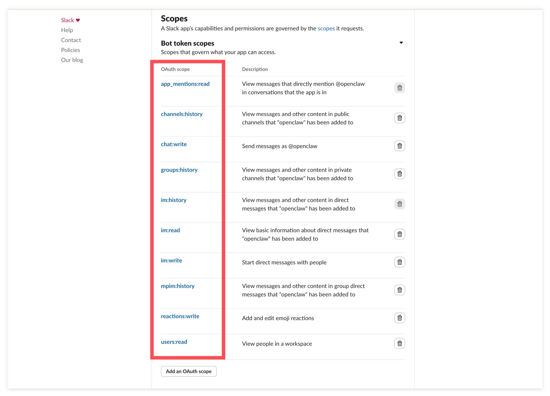 Review the Slack Bot Token Scopes