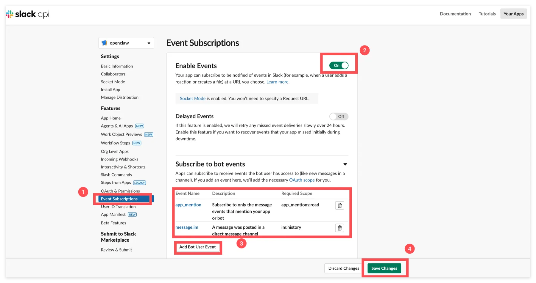 Configure Slack bot event subscriptions
