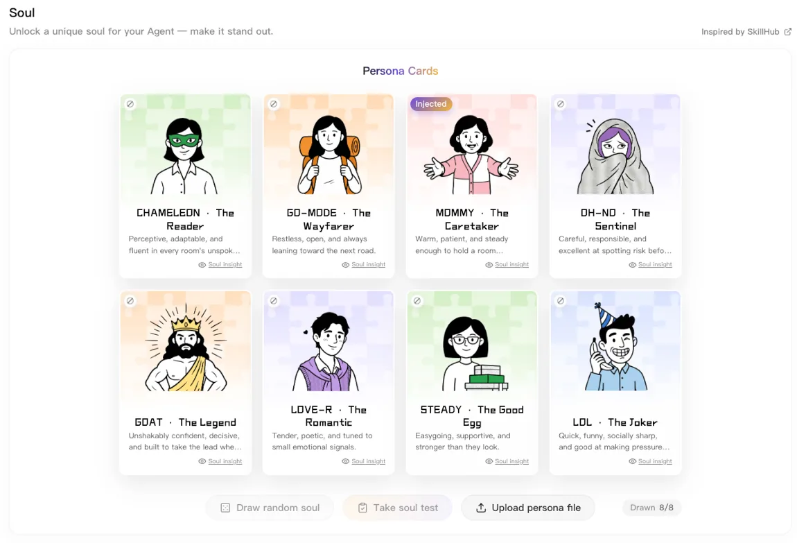 Soul personality cards in the LightVela console