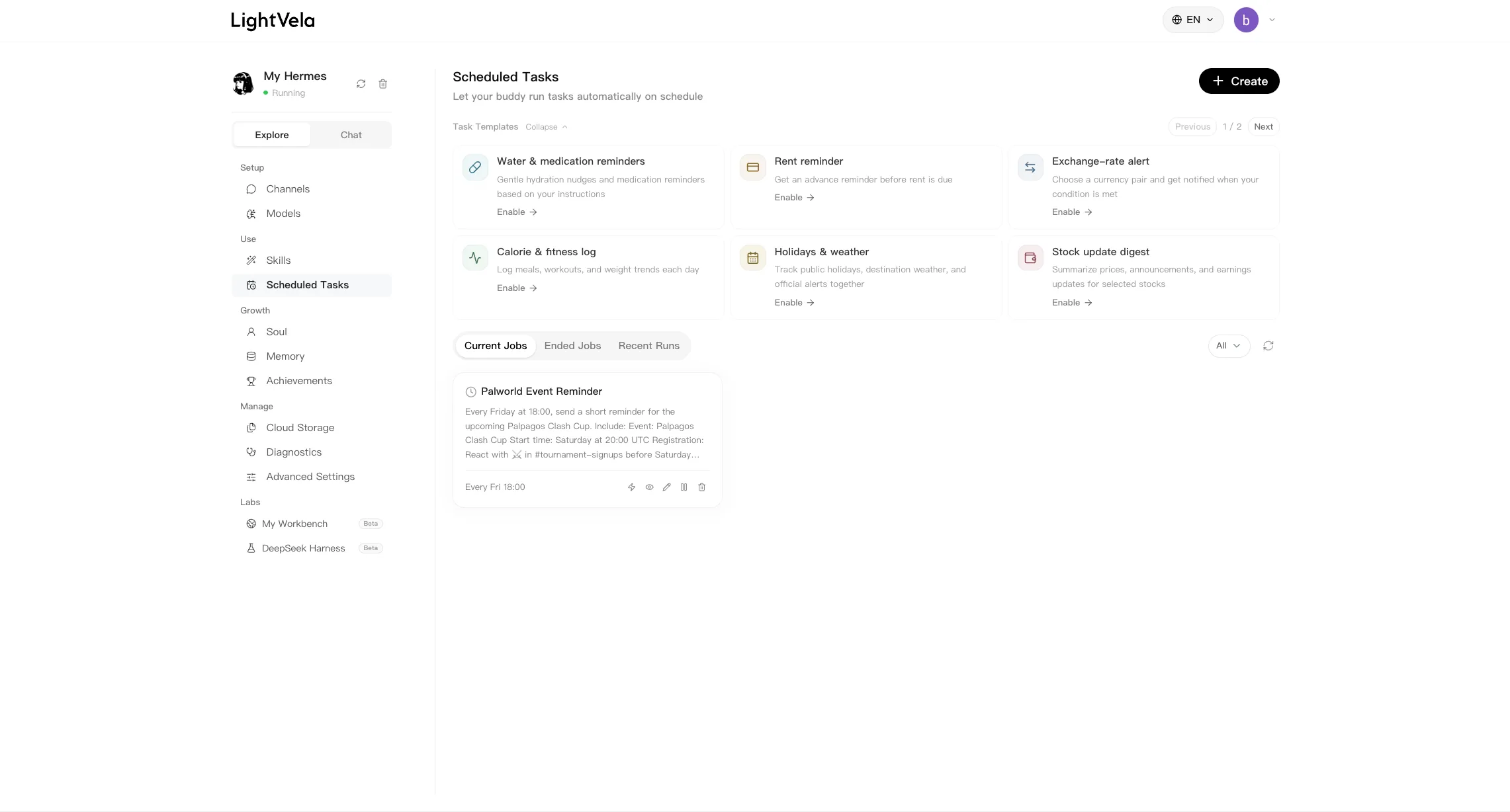 Scheduled Tasks page showing task templates and current jobs