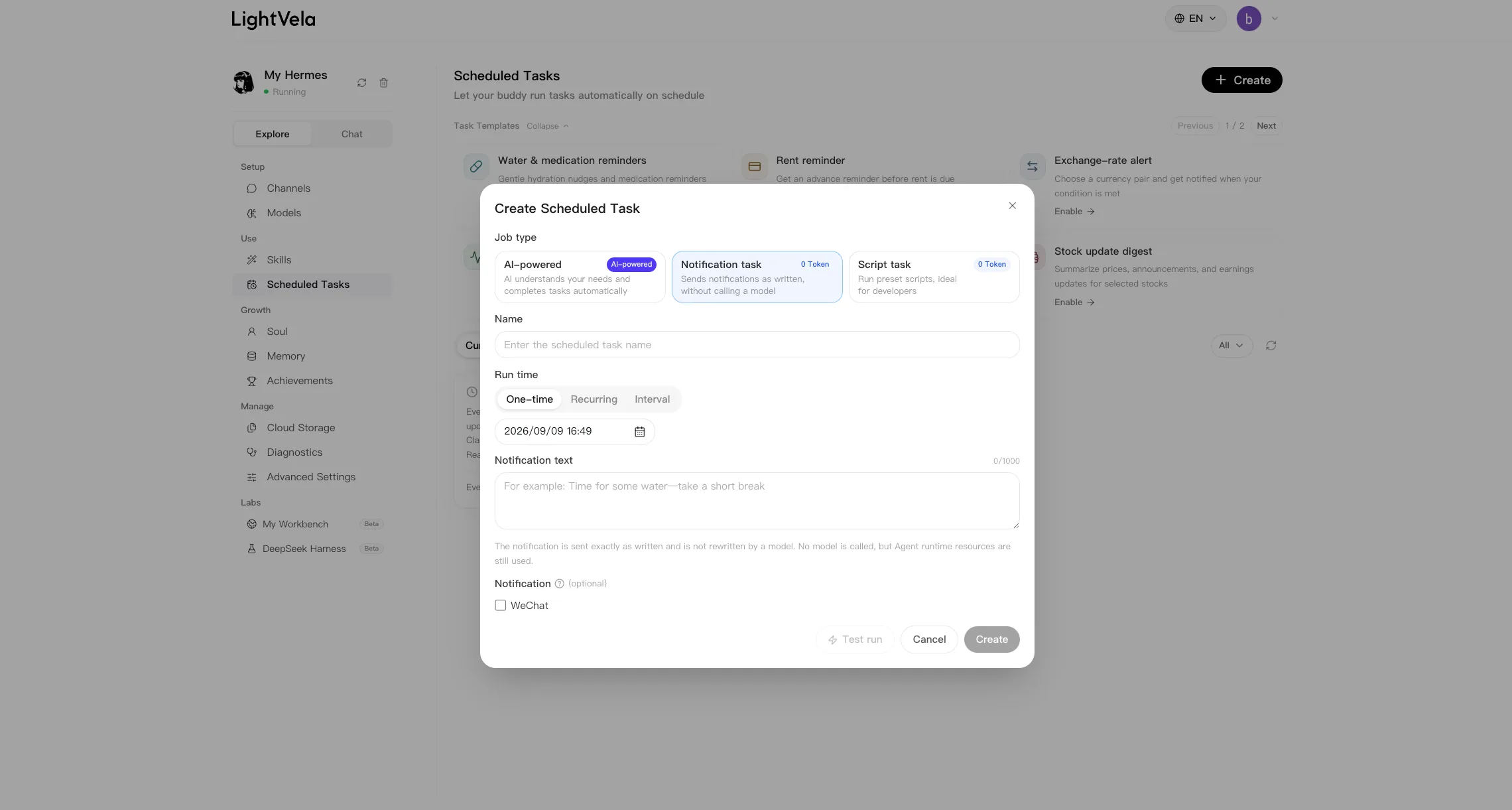 Create Scheduled Task dialog showing the Notification Task type