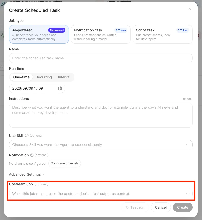 Create Scheduled Task dialog showing the upstream task option